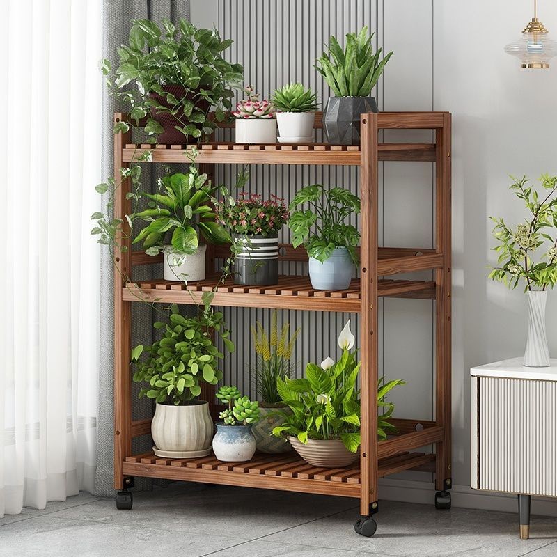 花架室内阳台家用落地多层置物架带轮H可移动木质防腐花盆多肉绿