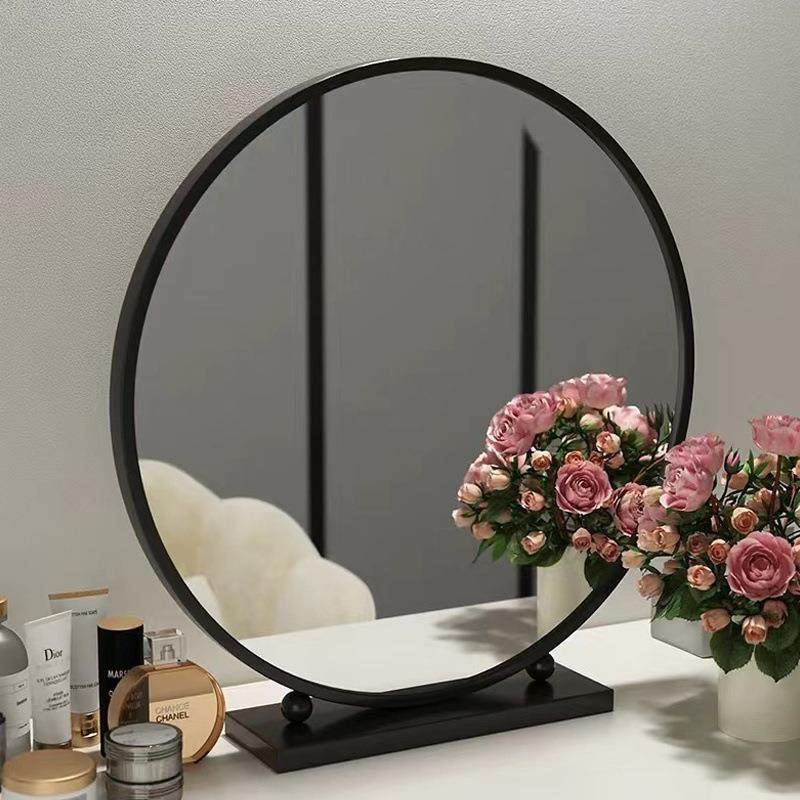 简约台式化妆镜圆形桌面梳妆镜卧室学生宿舍铁艺大镜子梳妆台