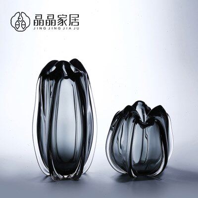 现代简约厚实玻璃花瓣口径创意玻璃灰色花瓶水养插鲜花客餐厅饰品