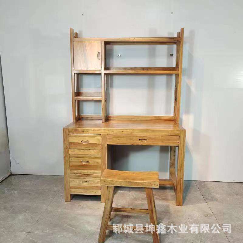 实木儿童书桌书柜一体新中式学生写字台老榆木家居卧室学习桌