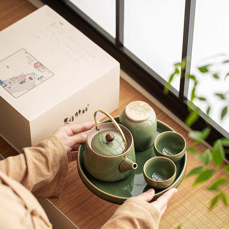 复古提梁壶一壶二杯茶具套装陶瓷家用茶壶茶盘整套办公会客泡茶器
