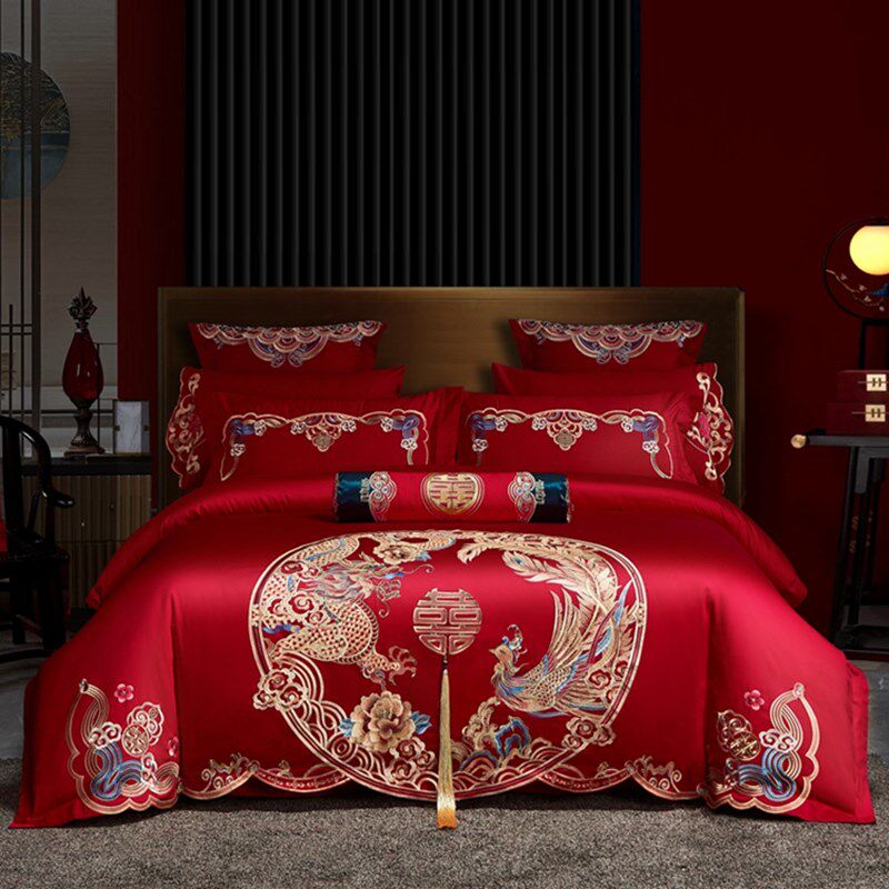100支长绒棉婚庆四件套全棉刺绣纯棉大红色婚房龙凤结婚床上用品4