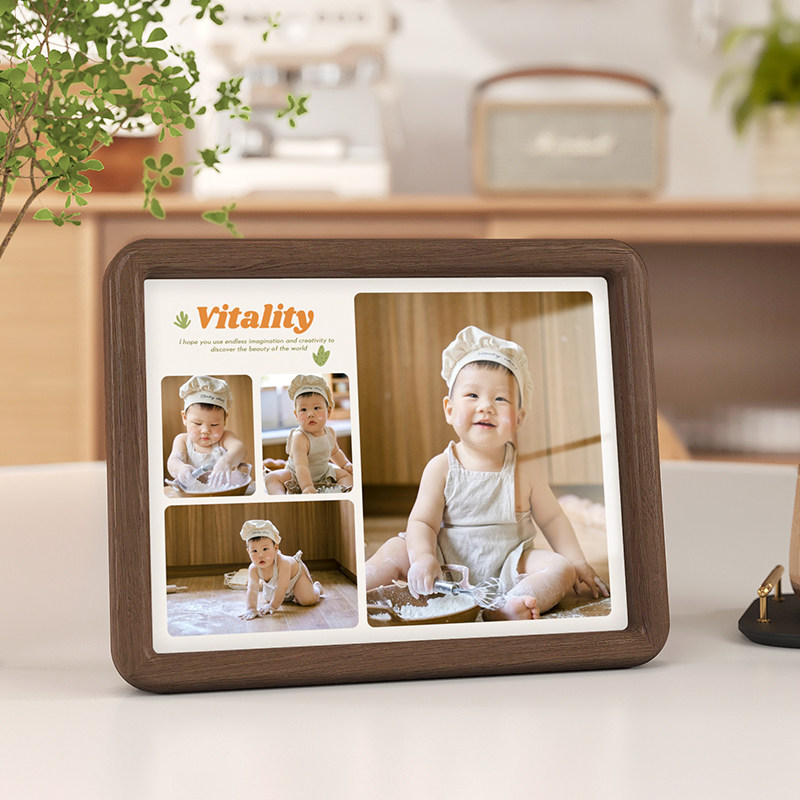 宝宝照片打印加相框摆台diy定制洗做成高级感宫格胡桃木实木画框