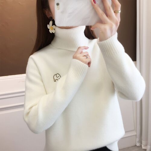 2025年加绒加厚绣花保暖卡通长袖套头高领毛衣一体绒学Z院风打底