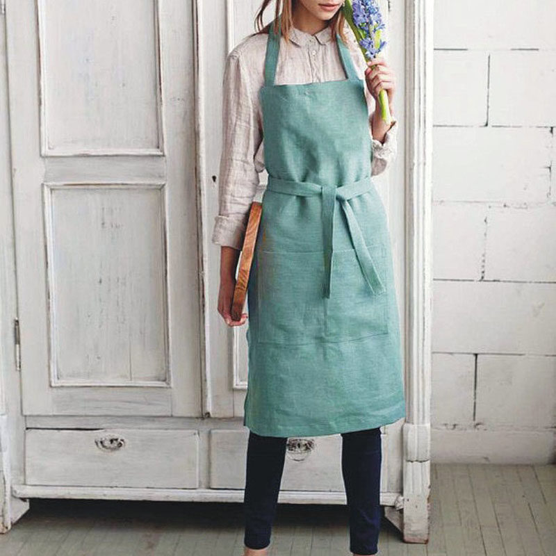 定制亚麻中长款男女围裙法国麻家用店铺厨房料理园艺绘画防脏罩衣