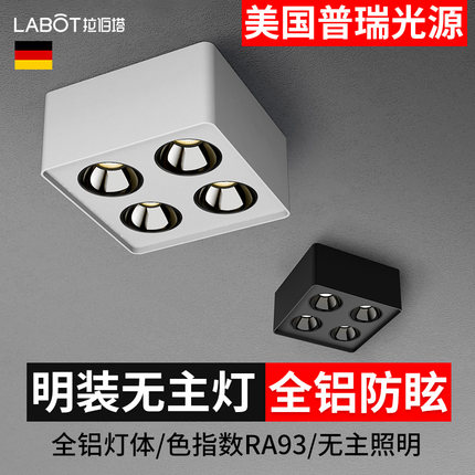 明装无主灯客厅照明防眩光斗胆灯吸顶盒子射灯四头筒灯led格栅灯