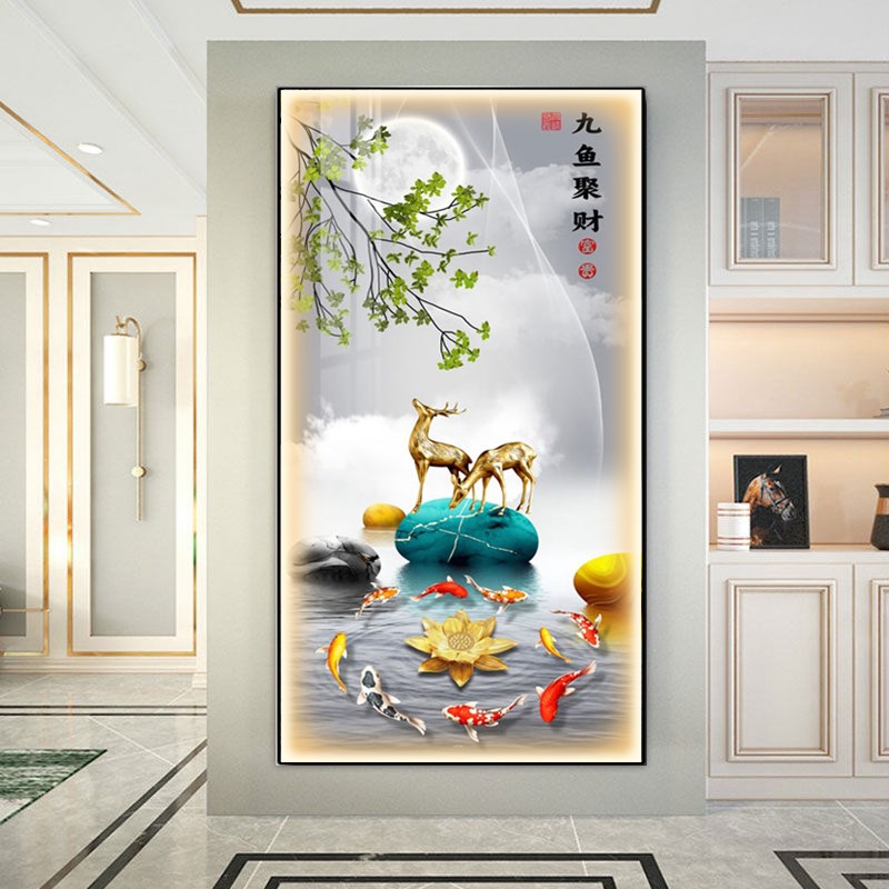 新中式玄关装饰画九鱼图客厅入户正对墙面挂画进门生财玄幻壁灯画图片