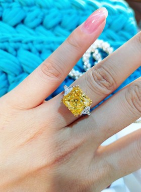 贵妇网红款璀璨奢华切割雷迪恩公主方黄钻戒指 5克拉三生石婚戒女