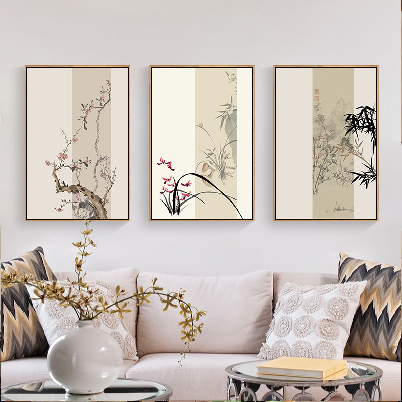 梅兰竹菊挂画新中式茶室装饰画客厅沙发背景墙挂画迎客松书房壁画