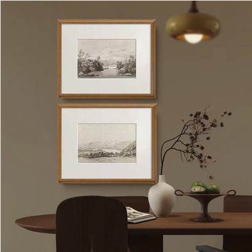 风景素描版画法式黑白复古客厅装饰画美式中古风餐厅玄关走廊挂画