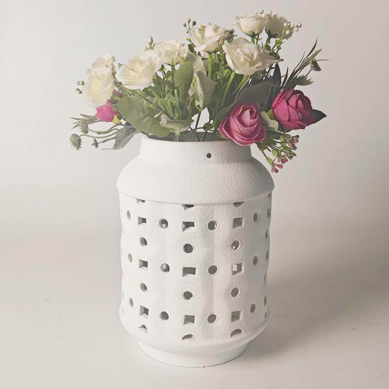 民宿样板间装饰摆件简约插花器素烧白色镂空大口陶瓷花瓶