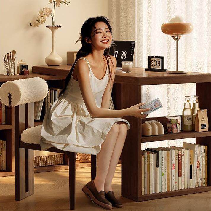 转角书桌卧室梳妆台L型拐角电脑桌子实木可旋转书架书柜一体桌子