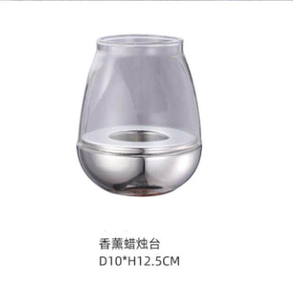 现代简约银色不锈钢玻璃烛台摆件客厅餐桌样板房售楼处软装饰品