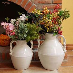 美式乡村陶瓷花瓶双耳手柄花器素烧白色轻奢客厅民宿艺术家居装饰