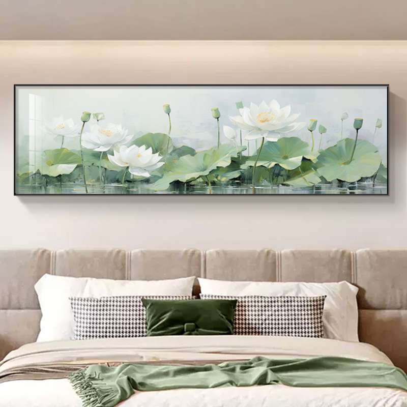 新中式荷花卧室床头装饰画横版莲花客厅壁画温馨主卧房间墙壁挂画图片