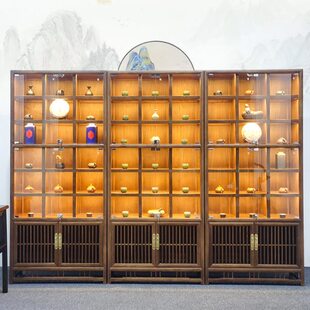 茶叶架紫砂壶博古架柜子新中式展示柜多宝格玻璃门实木茶室老榆木