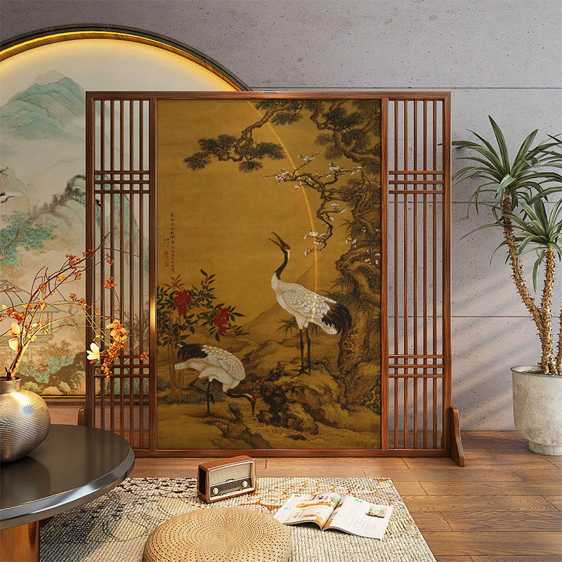 宋氏美学复古仙鹤图实木屏风隔断办公室遮挡可移动客厅玄关隔档屏