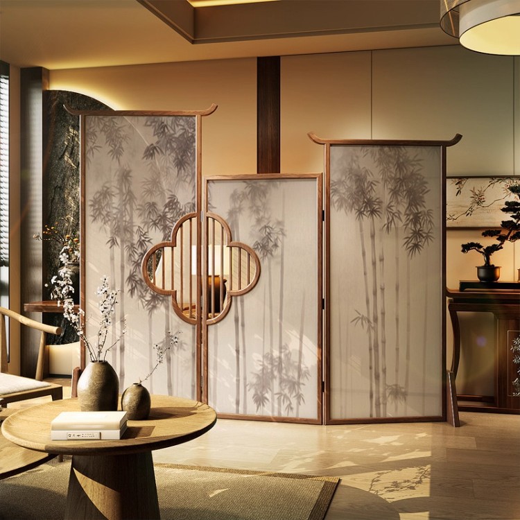 宋氏美学屏风禅意竹中式简约酒店茶室进门玄关遮挡可折叠实木折屏