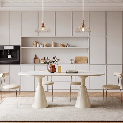 法式奶油风岩板餐桌餐桌椅组合现代简约小户型家用网红圣杯桌子