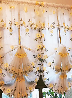 [气球帘窗帘孔窗成品刺绣穿w钩扇形房光提拉田园免打飘0厨遮魔术