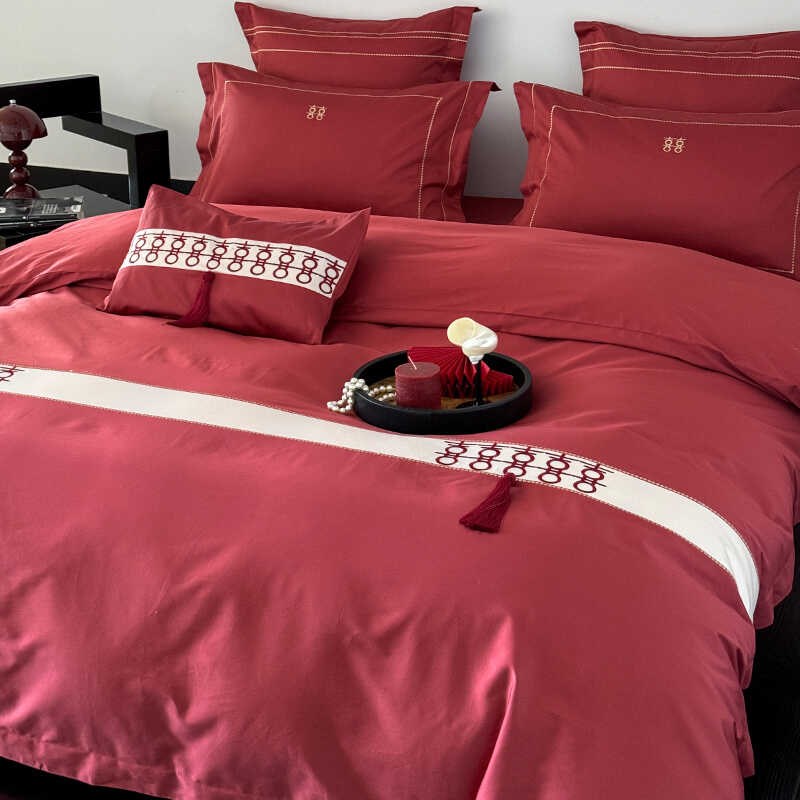 中式结婚四件套长绒棉喜字喜庆红色被套新婚陪嫁全棉床单床品