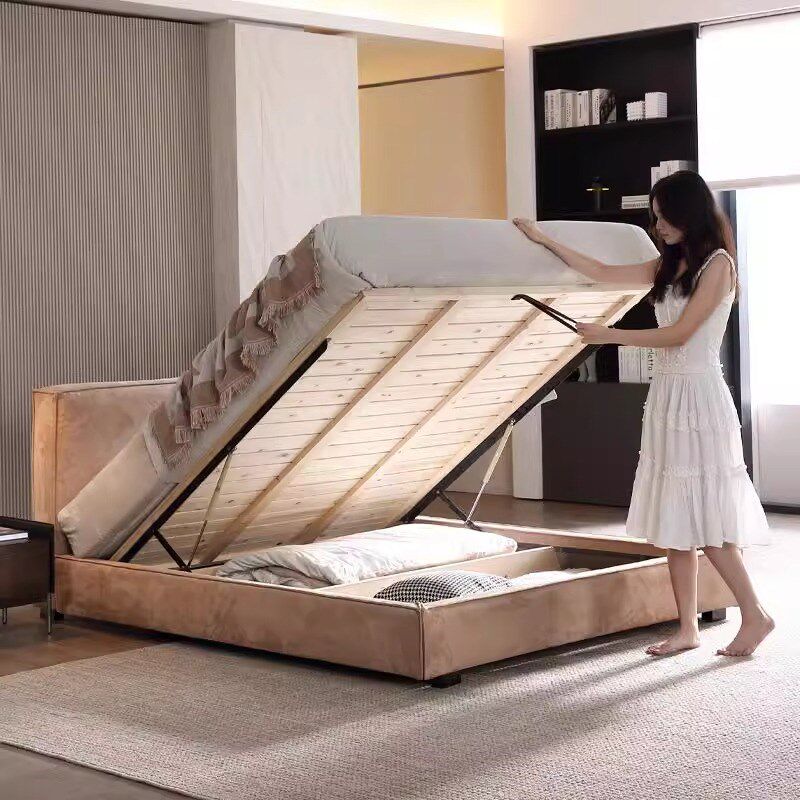 侘寂风豆腐块磨砂布艺床现代简约小户型主卧储物双人大床软包婚床