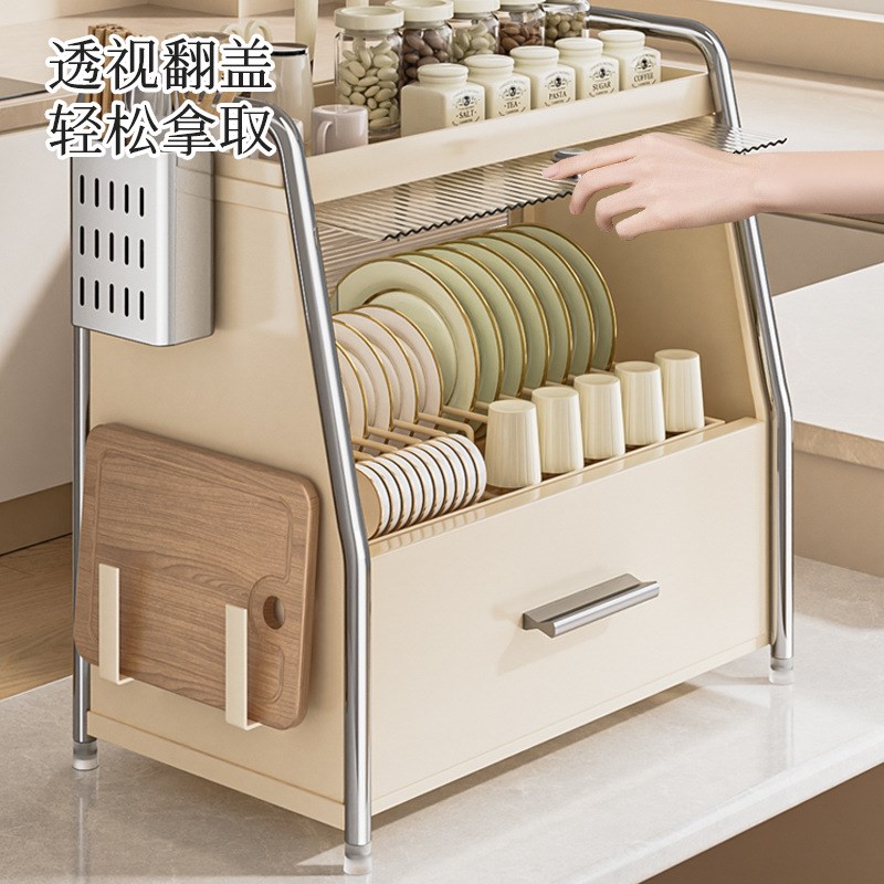 抽拉碗碟收纳架厨房置物架双层放碗盘沥水碗架密封碗柜碗筷餐具架