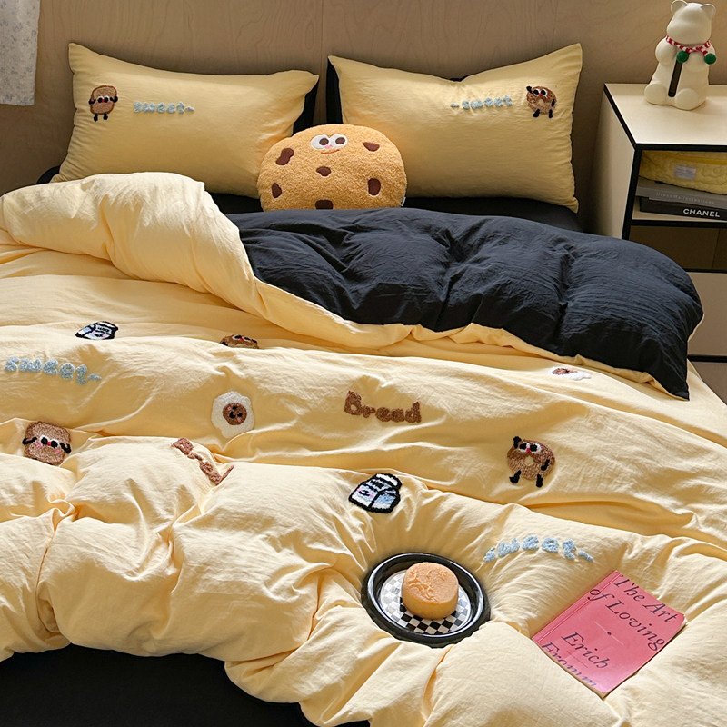 韩系水洗棉床上四件套毛巾绣卡通可爱被套单人学生宿舍床单三件套,床上用品,床品套件/四件套/多件套,淘宝优惠券,粉丝福利购,淘宝优惠卷