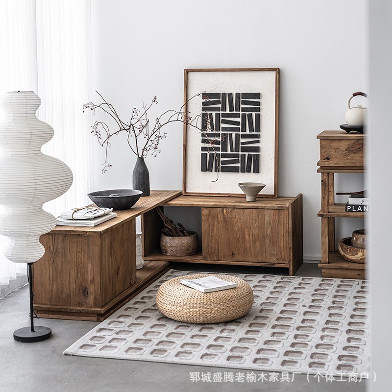 侘寂风实木电视柜老榆木可伸缩落地收纳柜自由调节原木Y色客厅矮