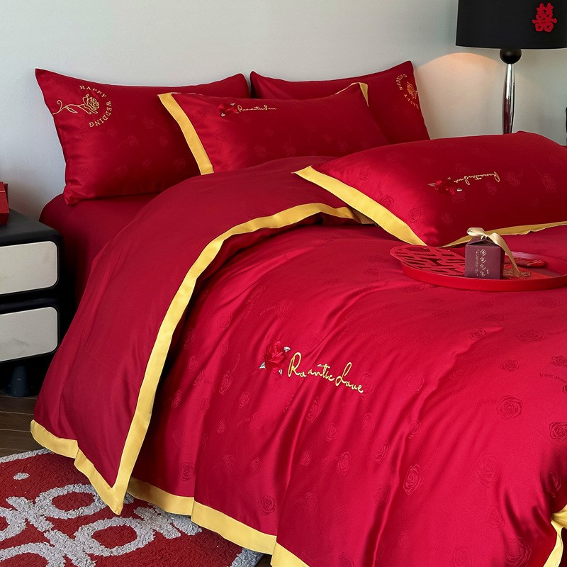 礼盒100支婚庆四件套红色喜庆陪嫁被套纯棉床单简约结婚床上用品4
