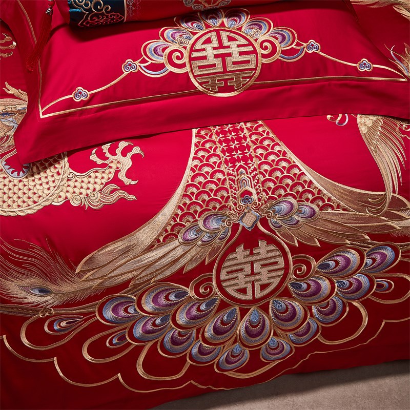 结婚庆四件套全棉喜庆婚房床上用品纯棉大红色床单床盖龙凤被套新