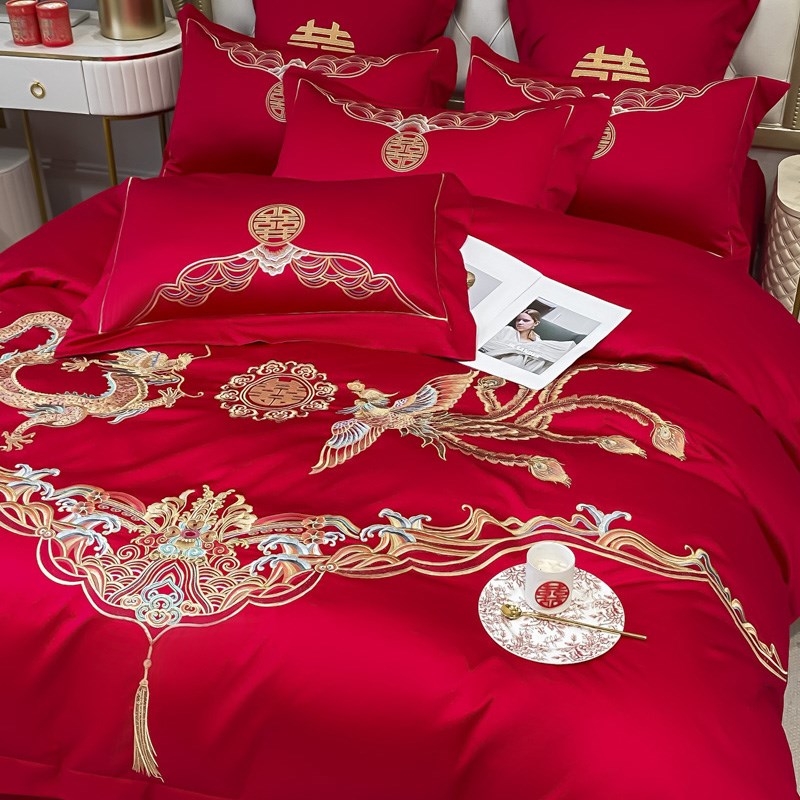 结婚四件套纯棉全棉婚庆床上用品龙凤被套女方陪嫁新婚礼物床单红