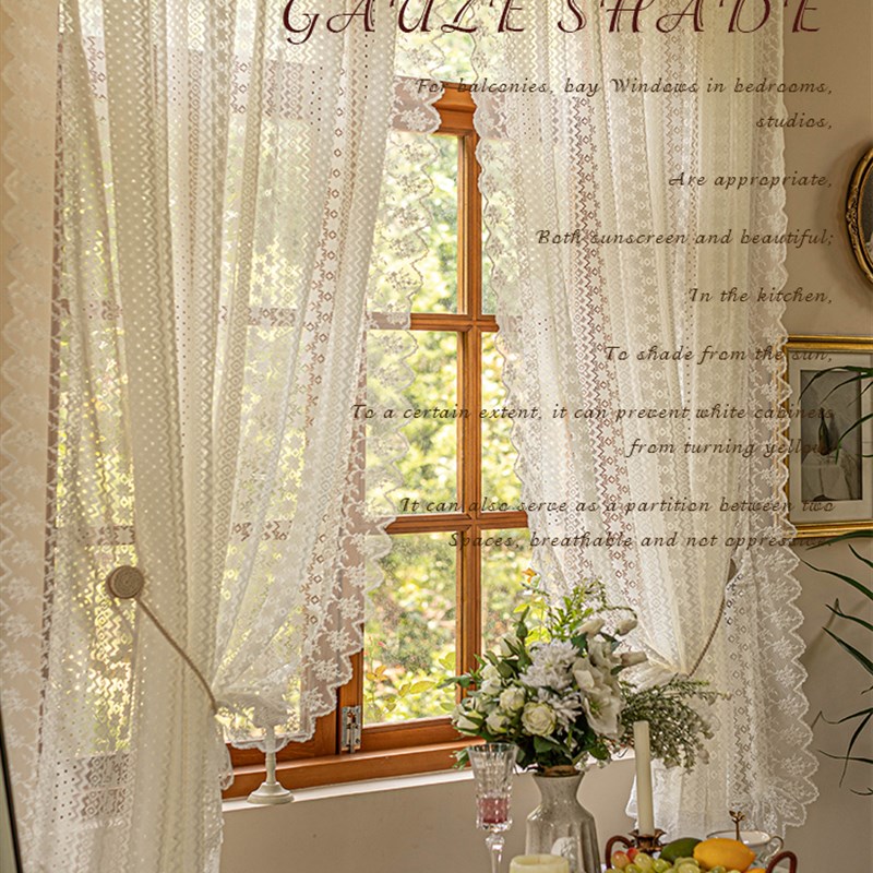 韩式田园白色蕾丝纱帘飘窗窗帘美式乡村半截帘短帘免打孔隔断门帘