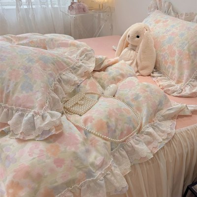 仙女款双层纱全棉四件套公主风亲肤柔软纯棉被套荷叶边少女心床品