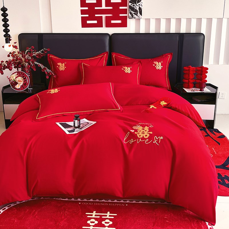 高档中式结婚四件套大红色婚庆纯棉被套婚房喜被新婚陪嫁床上用品