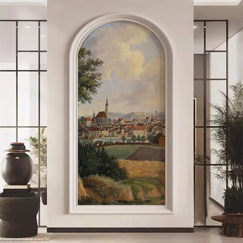 法式玄关装饰画入户背景墙墙纸美式E走廊落地拱形风景现代风壁画
