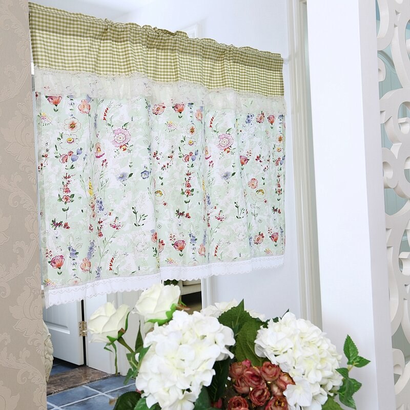 宿舍窗帘田园半帘清新绿格儿童小窗帘隔断帘门帘厨房短帘柜子防尘