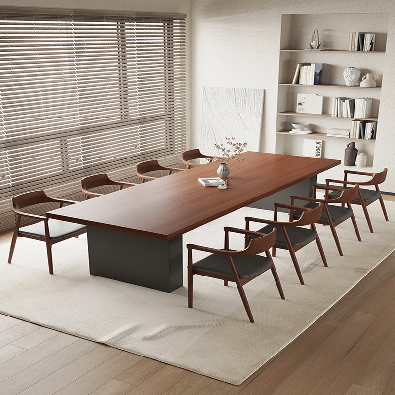 实木会议桌简约现代办公电脑桌大板小型原木长桌长条桌子胡桃木色