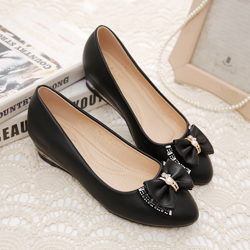 黑色坡跟鞋女2021春秋新款软底内增高蝴蝶结单鞋百搭淑女豆豆鞋,女鞋,浅口单鞋,淘宝优惠券,粉丝福利购,淘宝优惠卷