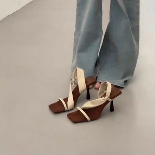 2025新款 法式 高级感细跟气质凉鞋 女两穿细带凉拖鞋 方头露趾高跟鞋