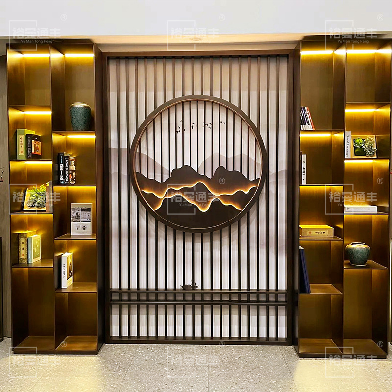 客厅书房新中式储物柜组合书柜 轻奢装饰不锈钢屏风隔断柜