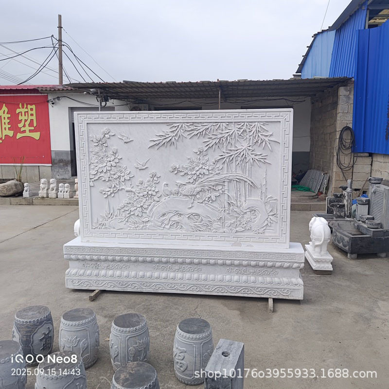 大理石中式别墅庭院仿古背景墙照壁浮雕石雕影壁天然青石透雕