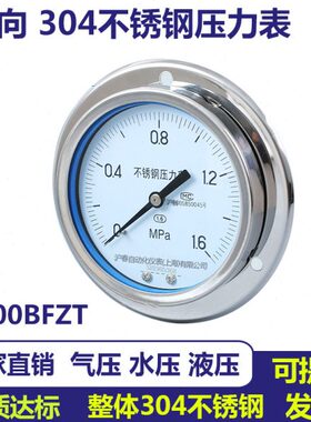 整体304轴向带边不锈钢压力表Y100BFZT油压表水压表蒸汽表气压表