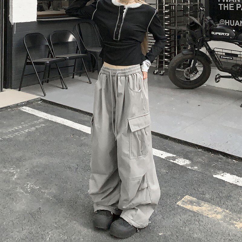 酷拽少女美式高i街褶皱加绒工装裤秋冬松紧腰抽绳阔腿拖地裤男女