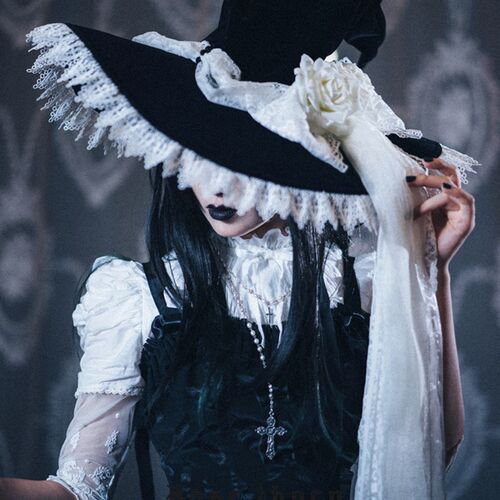 黑白色版 *暗夜玫瑰 * Lolita蕾丝长飘带大魔女帽 万Z圣节巫师帽