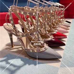 二环绑带包头凉鞋女夏外穿25新款尖头漆皮柳丁鞋铆钉高跟鞋女细跟