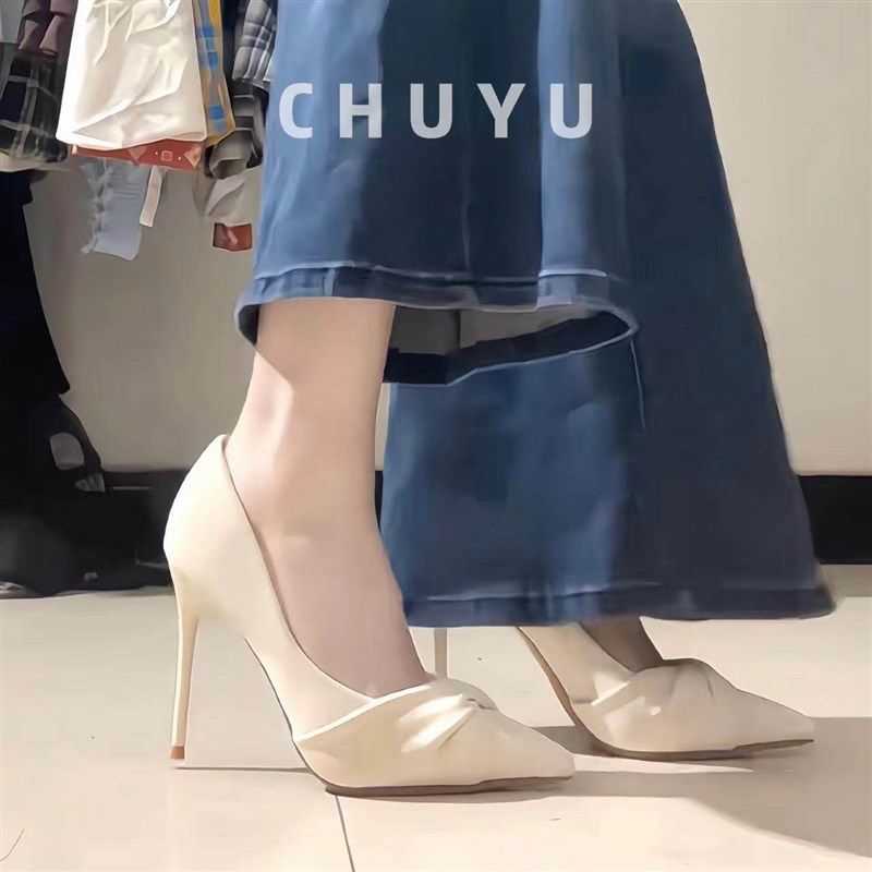 法式米白色新款仙女风2024年高跟鞋女百搭蝴蝶结尖头浅口细跟单鞋,女鞋,浅口单鞋,淘宝优惠券,粉丝福利购,淘宝优惠卷