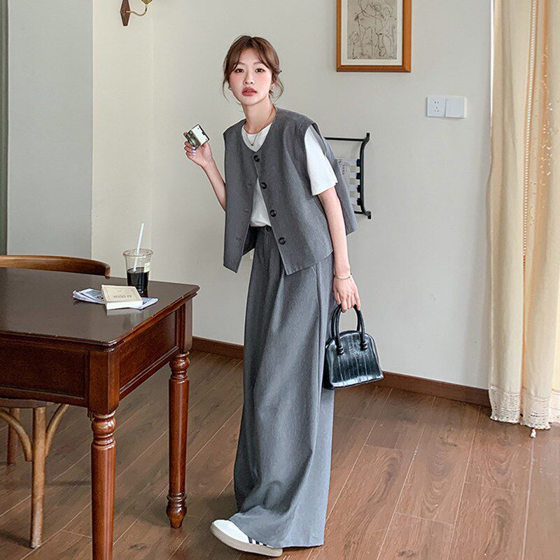 巨好看灰色马甲阔腿裤套装女夏高级感气质遮肉显瘦通勤职业两件套