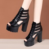 恨天高圆头模特走秀超高跟鞋 女厚底防水台透O气镂空马丁凉靴女短