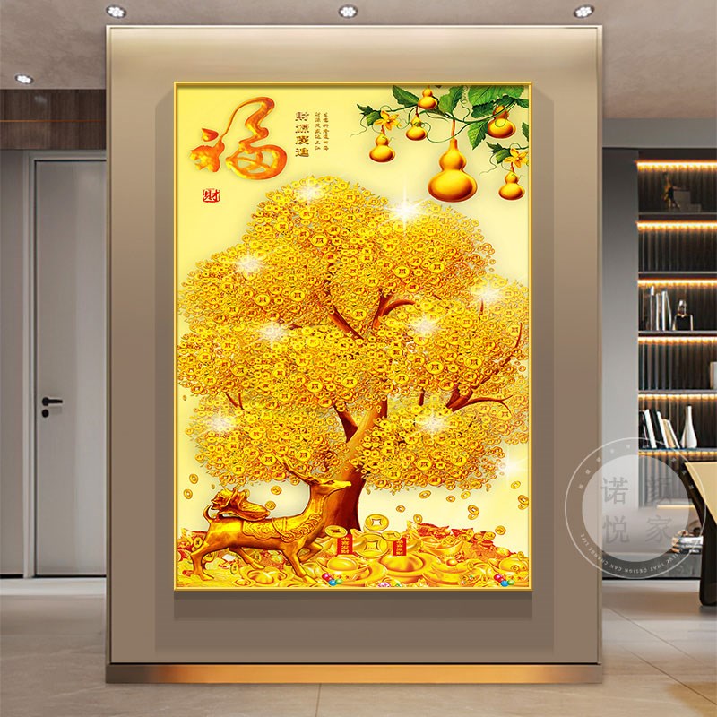 发财树画墙壁装饰画高级感客厅壁画墙画餐厅玄关画正对门墙面挂画图片
